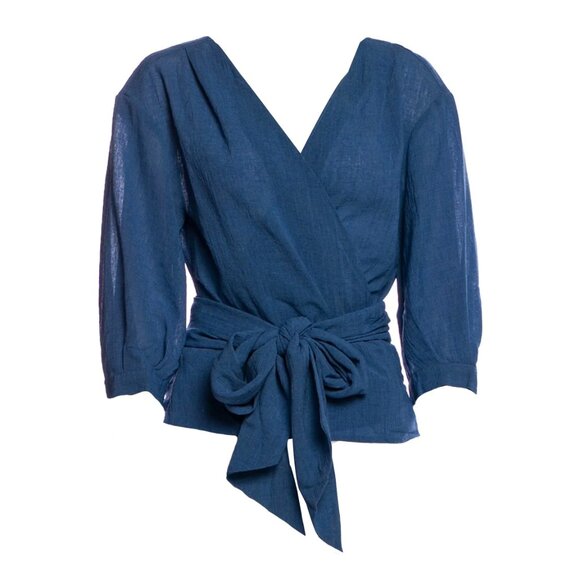 CEFINN Cotton-blend Voile Wrap Top In Blue - Picture 2 of 8